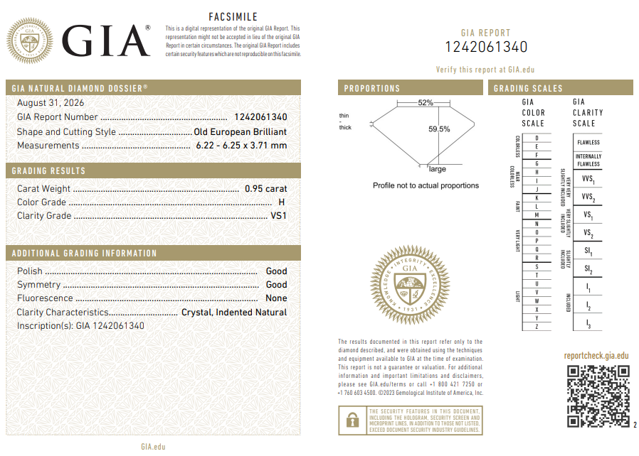Heirloom 0.95 Ct Old European Cut Diamond H-VS1 with GIA Certificate