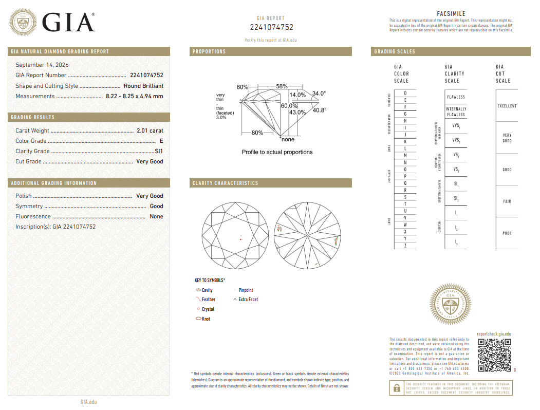 Natural 2.01 Carat Round Brilliant Diamond E-SI1 with GIA Certificate