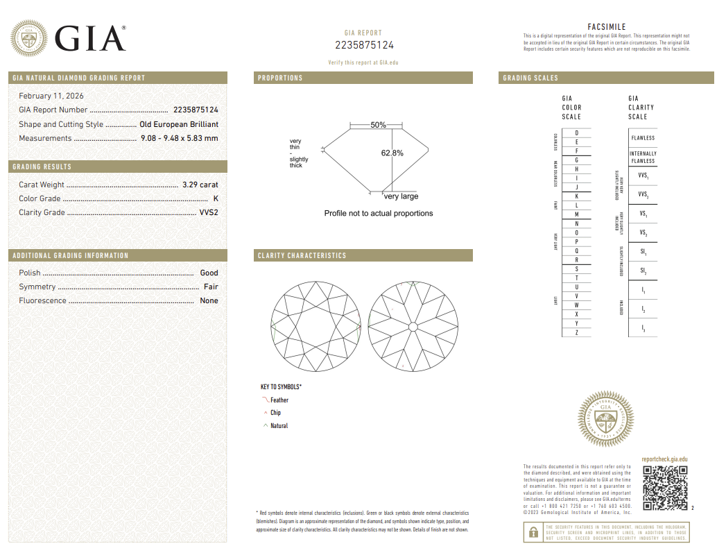 3.29 Carat Old European Cut Antique Natural Mined Diamond K Color VVS2 Clarity With GIA Certificate