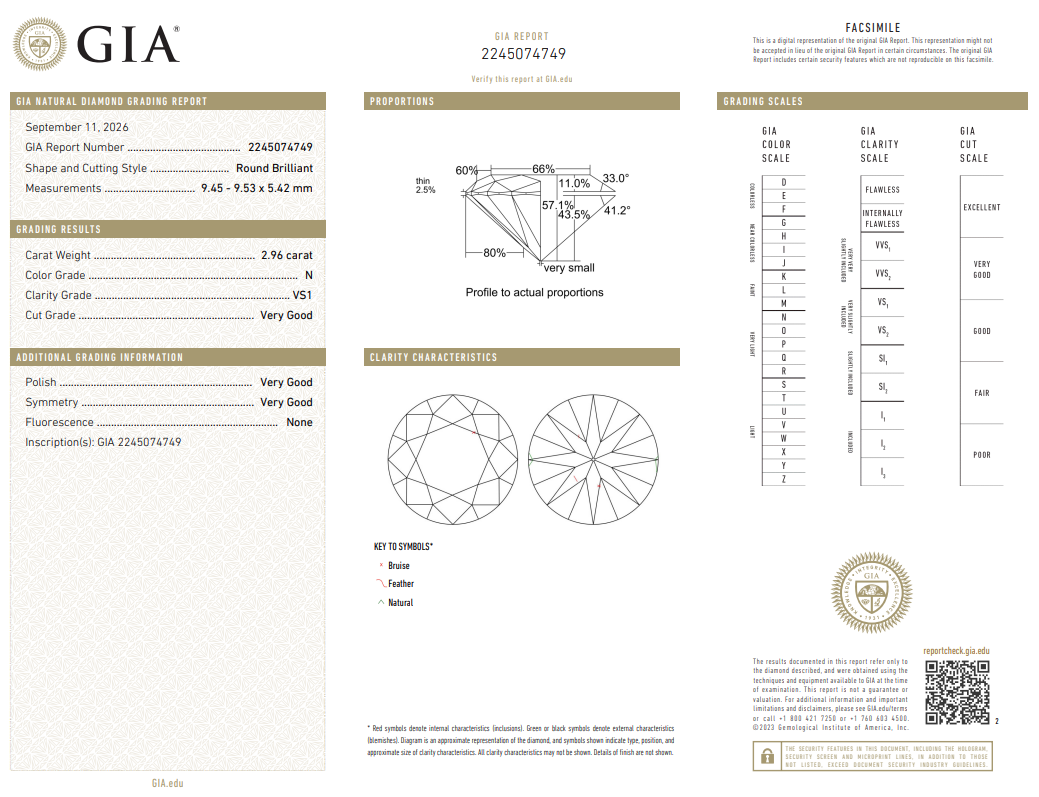 2.96 Ct Round Brilliant Diamond Natural N-VS1 with GIA Certificate
