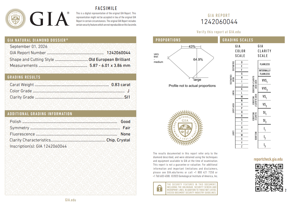 0.83 Carat Old European Cut Diamond GIA Certified J-SI1 Loose Conflict-Free