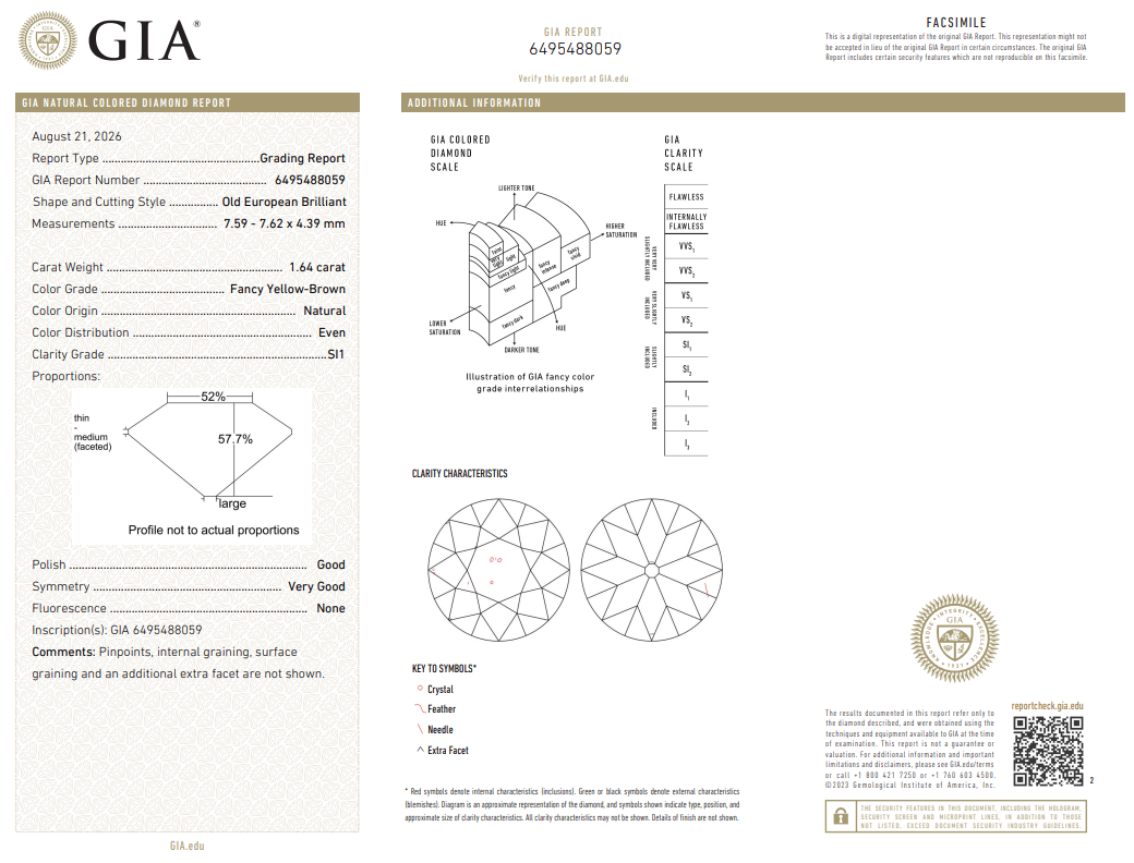 GIA Certified 1.64 Ct Old European Cut Diamond FANCY YELLOWISH BROWN-SI1 Loose Natural
