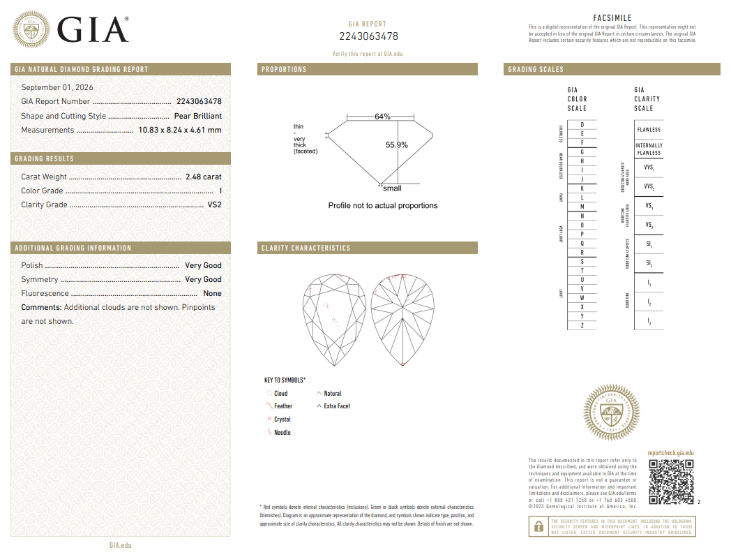Natural Loose 2.48 Carat Pear Shape Diamond GIA Certified I-VS2