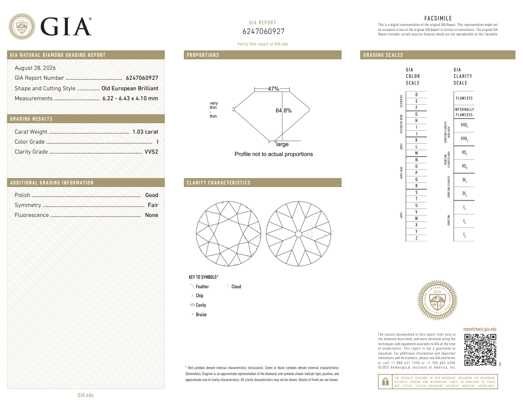 1.03 Carat Old European Cut Diamond GIA Certified I-VVS2 Loose Natural
