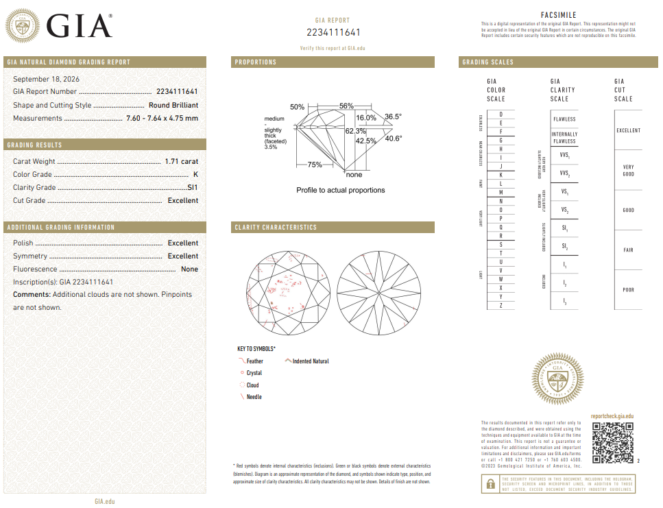GIA Certified 1.71 Carat Round Brilliant Diamond K-SI1 Loose Natural