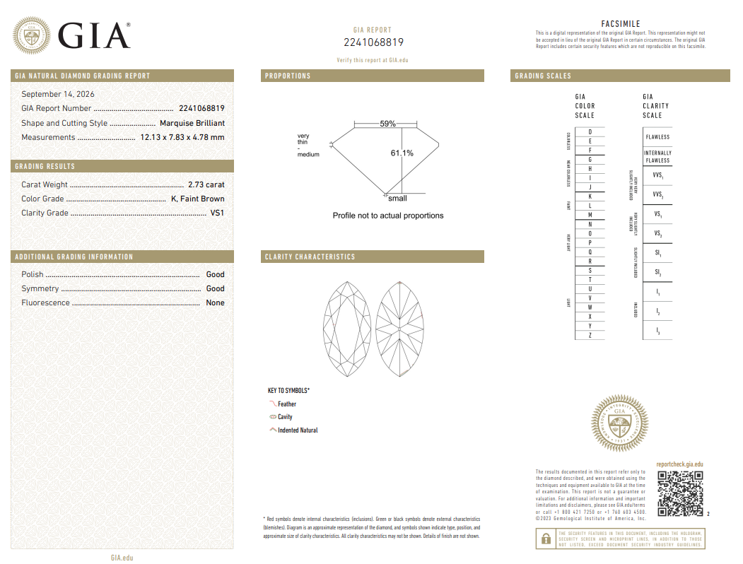 GIA Certified Natural 2.73 Ct Marquis Shape Diamond Loose K-VS1