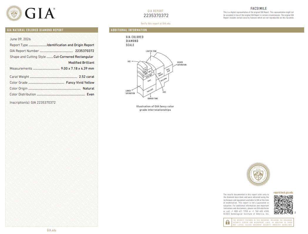 Loose 2.52 Carat Radiant Cut Diamond FANCY VIVID YELLOW-N with GIA Certificate
