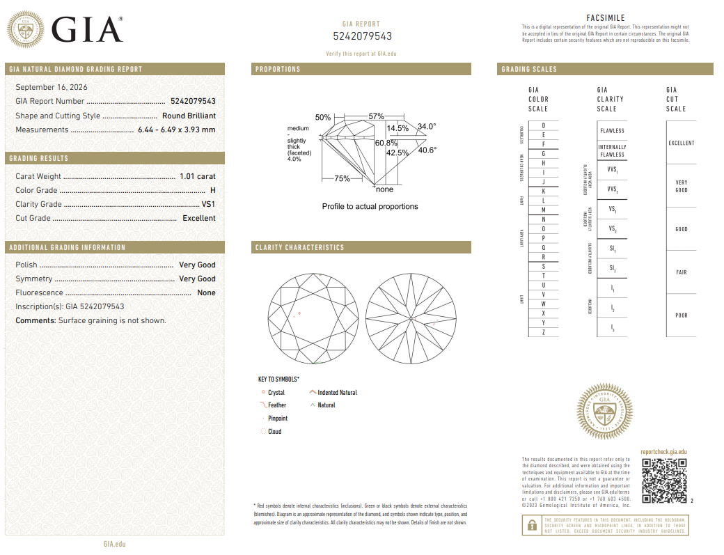 GIA Certified Natural 1.01 Ct Round Brilliant Diamond Loose H-VS1