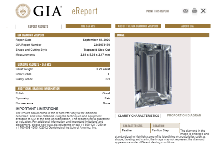 Natural 0.29 Carat Trapezoid Shape Diamond E-SI1 with GIA Certificate