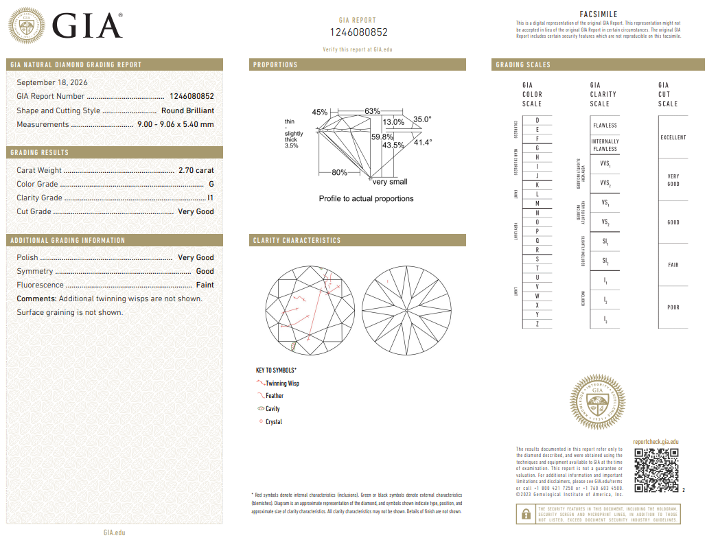 GIA Certified 2.7 Carat Round Brilliant Diamond Natural G-I1 Loose