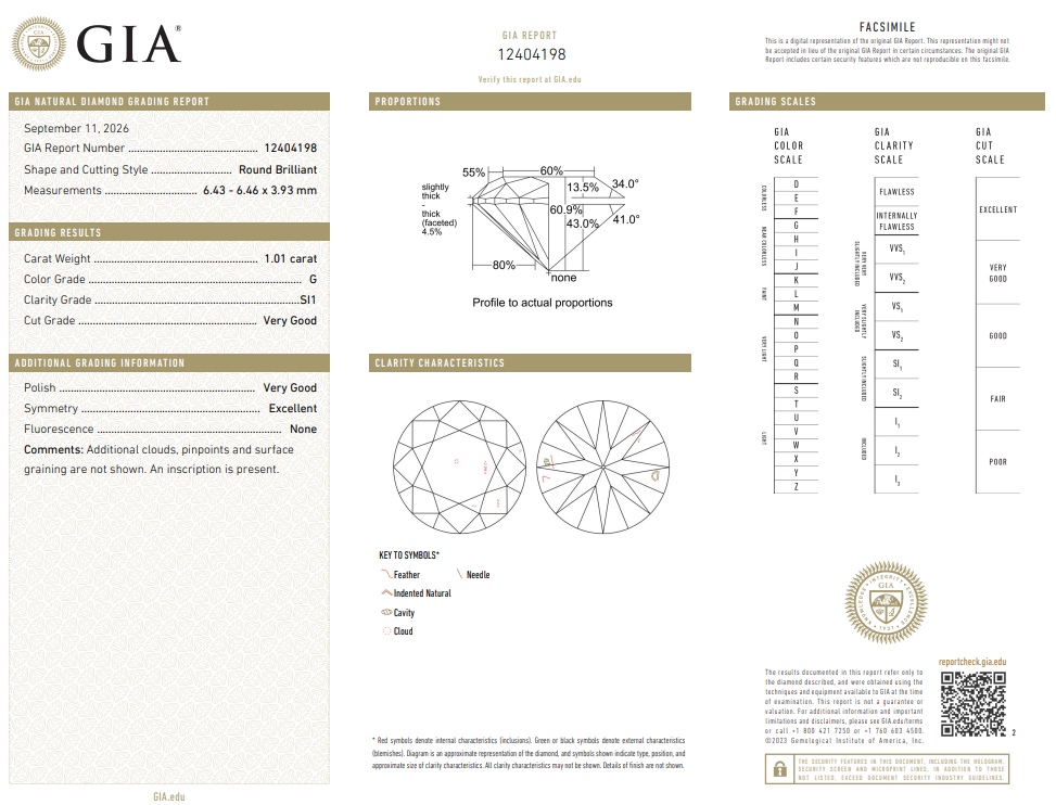 1.01 Carat Round Brilliant Diamond G-SI1 Loose GIA Natural
