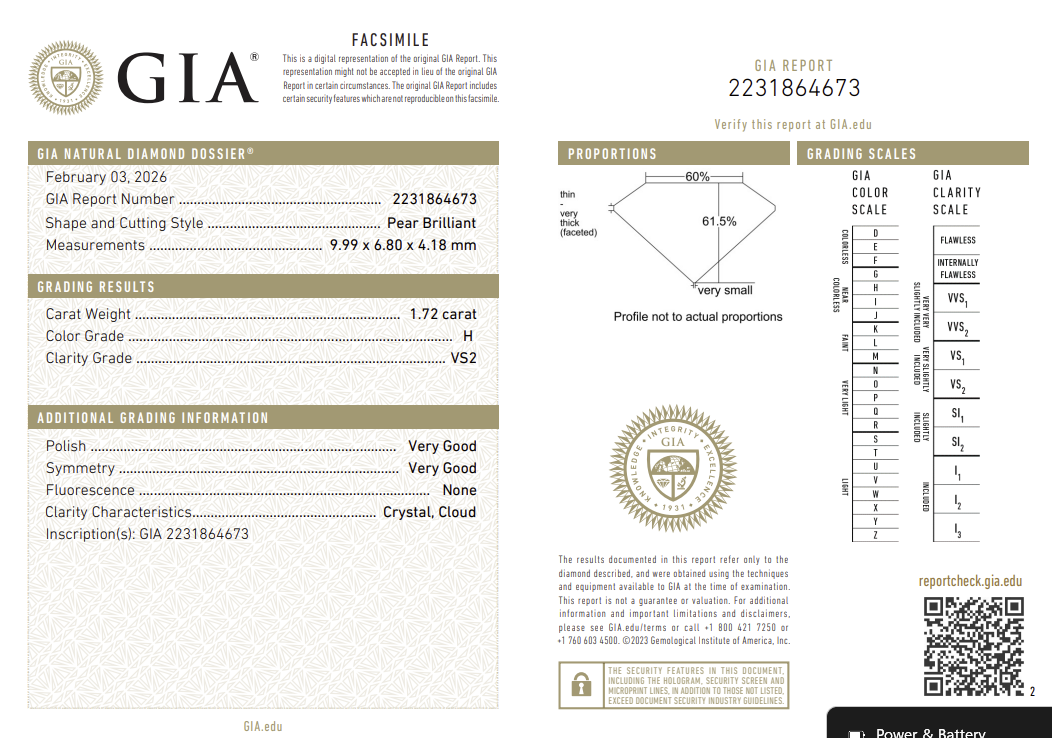1.72 Carat Pear Shape Natural Mined Diamond H Color VS2 Clarity With GIA Certificate