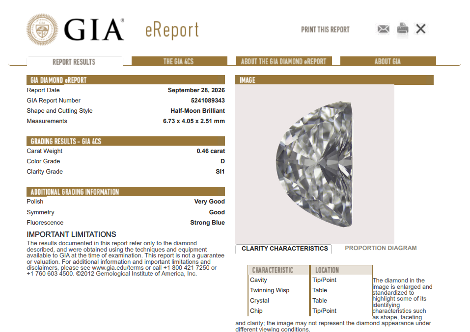 0.46 Ct Half Moon Shape Diamond GIA Certified D-SI1 Natural