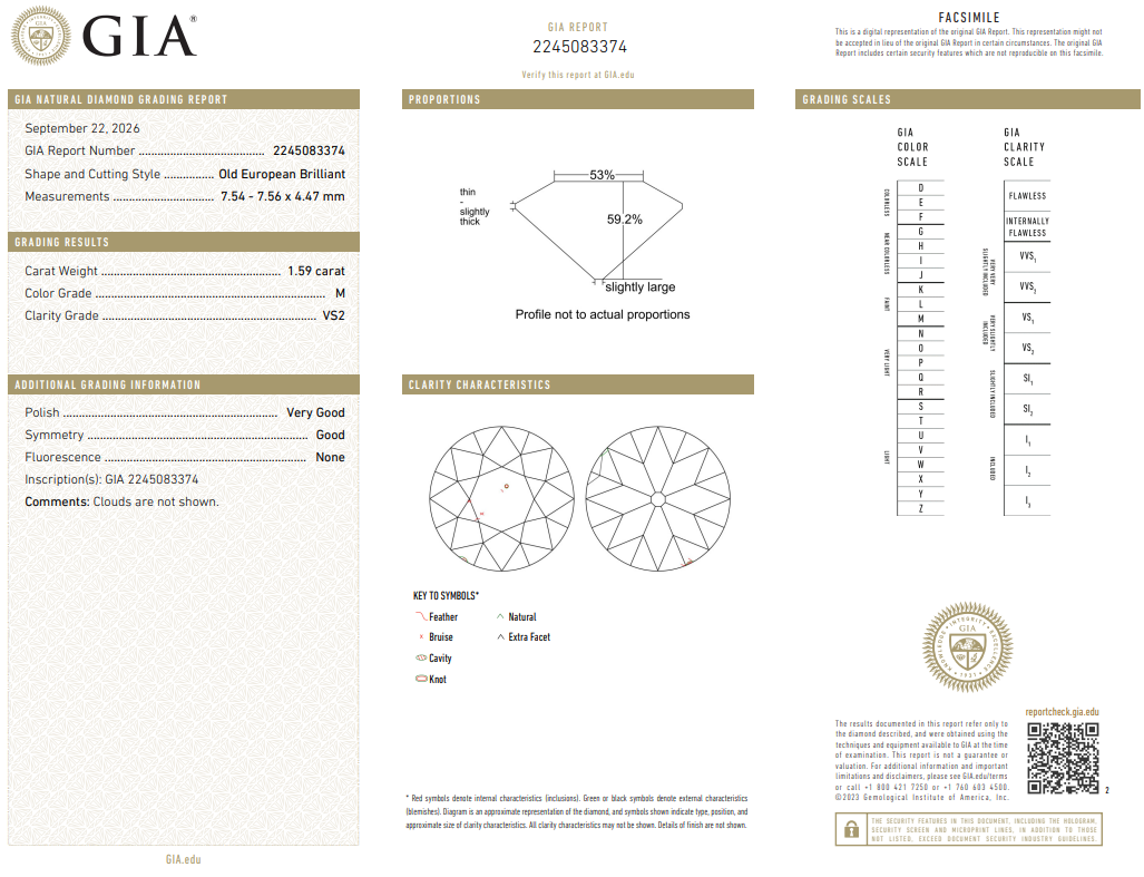 GIA Certified Natural 1.59 Ct Old European Cut Diamond Loose M-VS2