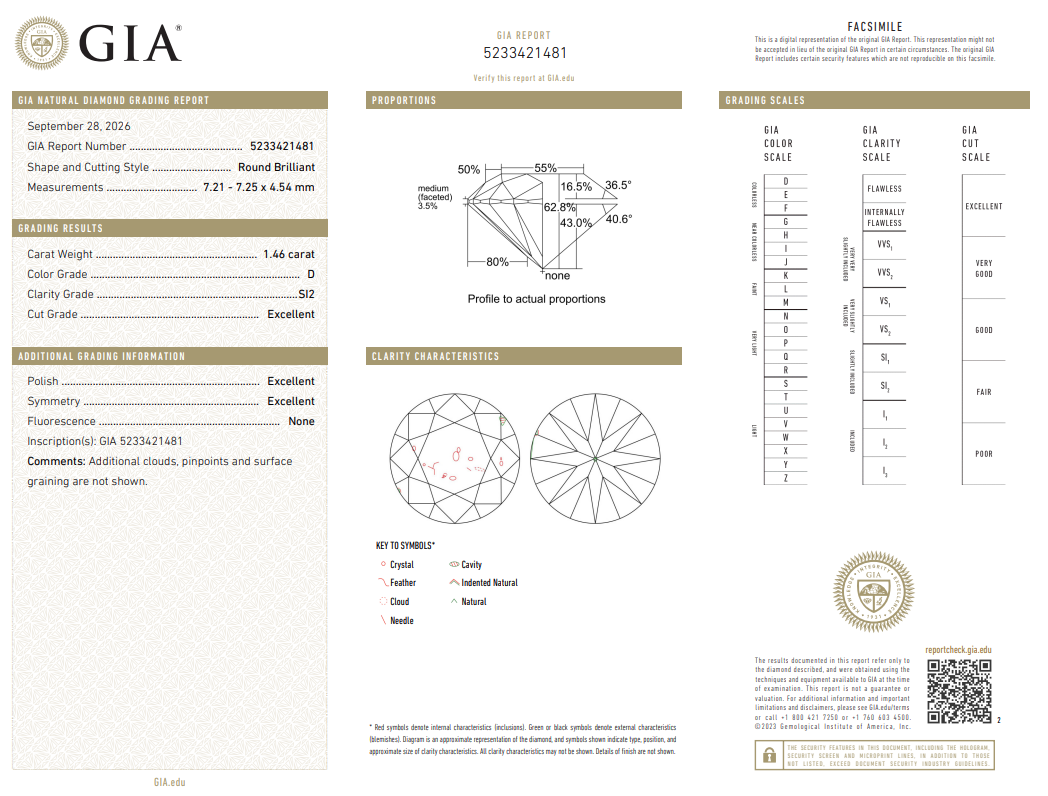 1.46 Ct Round Brilliant Diamond D-SI2 Natural Loose GIA Certified