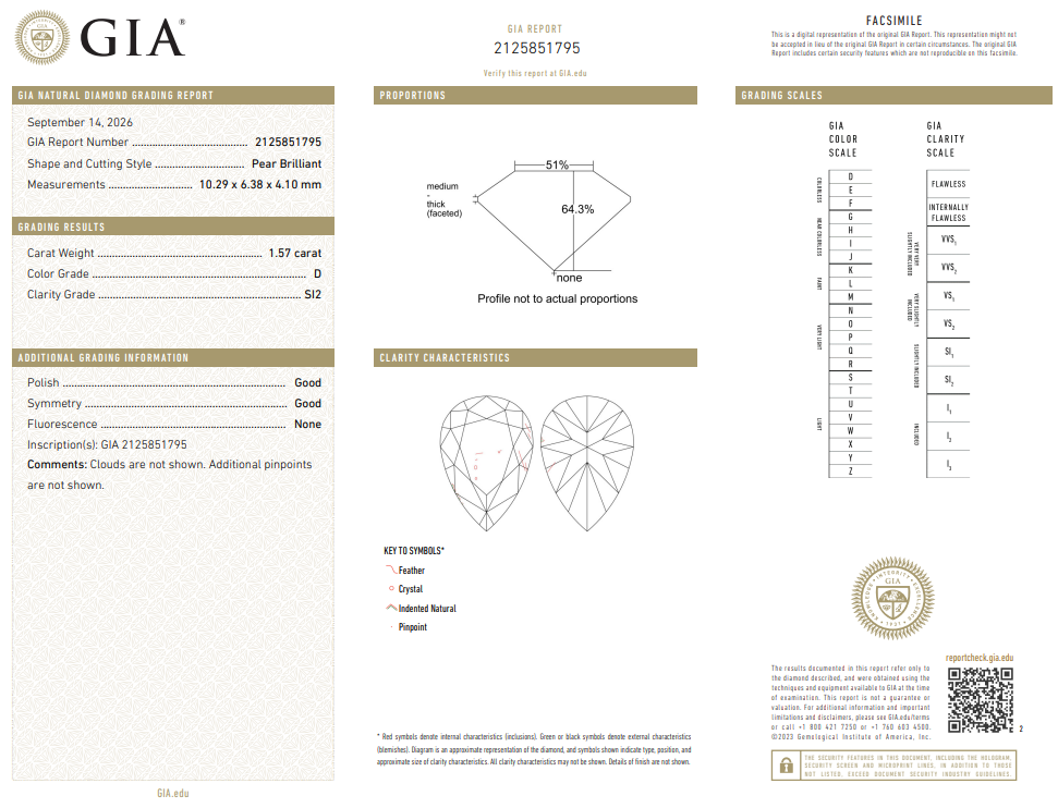 Natural 1.57 Ct Pear Shape Diamond D-SI2 with GIA Certificate