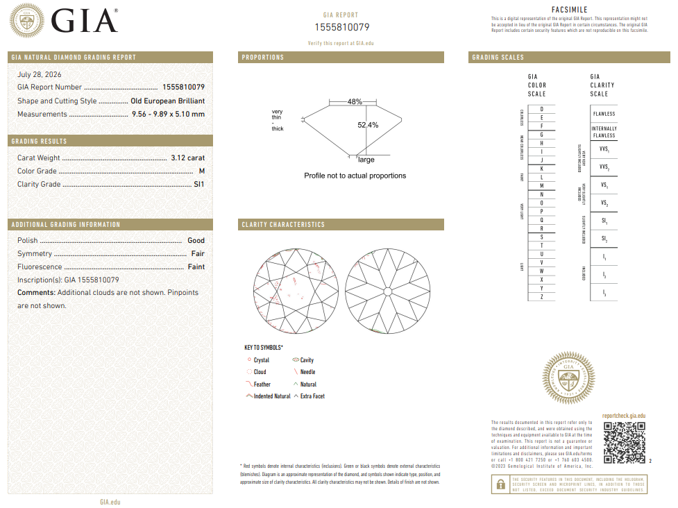 Original Cut Loose 3.12 Ct Old European Cut Diamond GIA Certified M-SI1