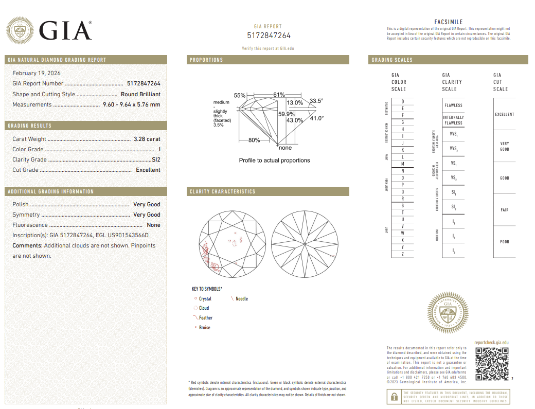 3.28 Carat Round Brilliant Natural Mined Diamond I Color SI2 Clarity With GIA Certificate