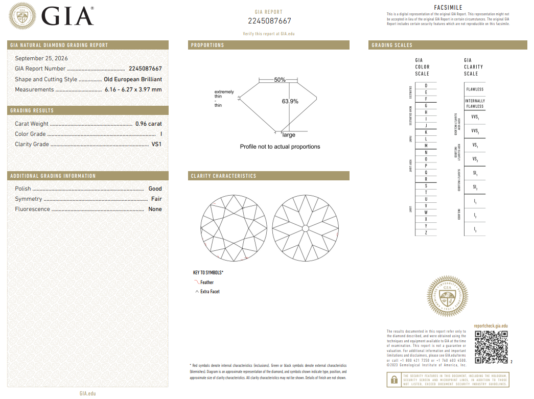 0.96 Ct Old European Cut Diamond GIA Certified I-VS1 Premium Loose