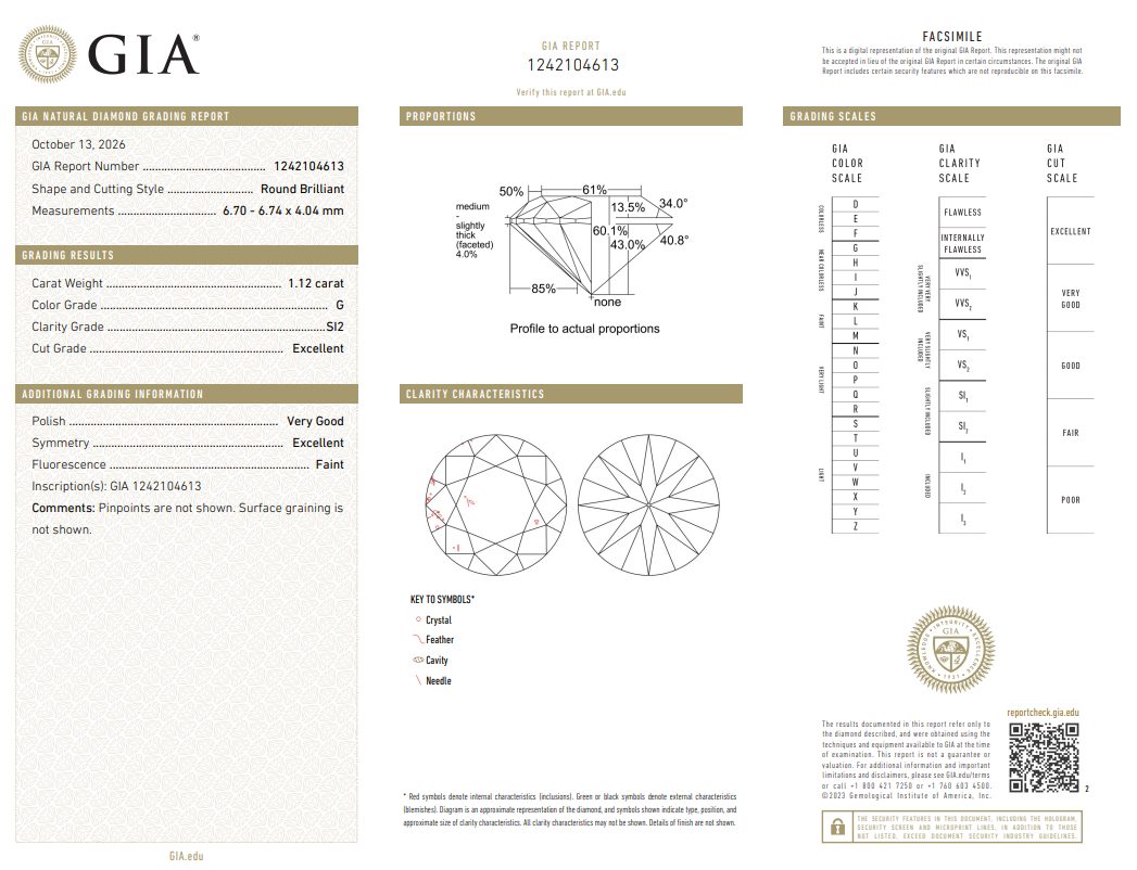 1.12 Ct Round Brilliant Diamond GIA Certified G-SI2 Loose