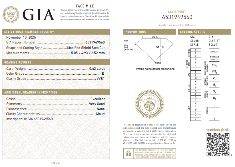 Loose 0.42 Ct Shield Shape Diamond E-VVS1 with GIA Certificate