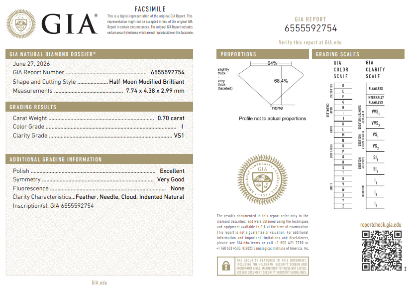 GIA Certified Natural 0.7 Ct Half Moon Shape Diamond Loose I-VS1