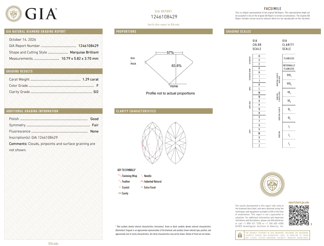 Natural 1.29 Ct Marquis Shape Diamond F-SI2 with GIA Certificate