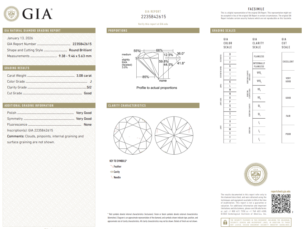 3.08 Carat Round Brilliant Natural Mined Diamond J Color SI2 Clarity With GIA Certificate