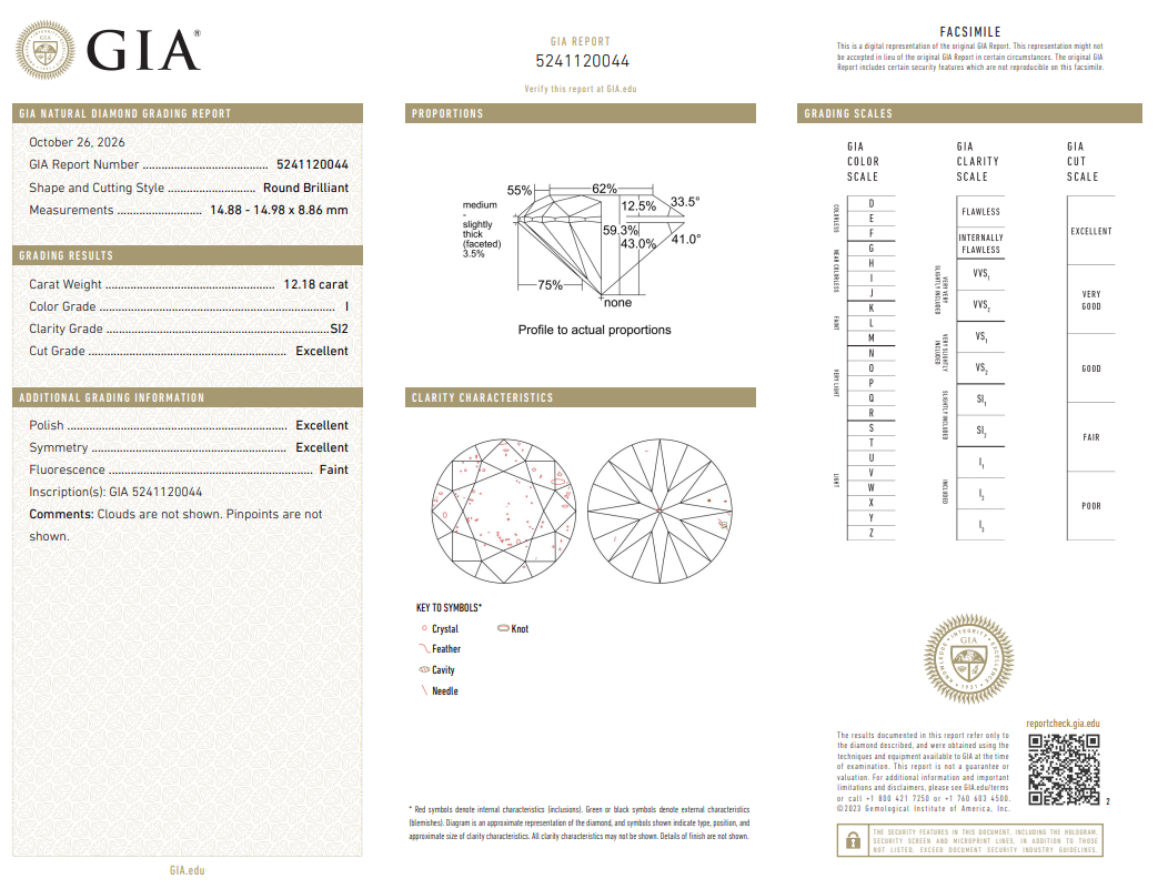 12.18 Carat Round Brilliant Diamond I-SI2 Natural Loose GIA Certified
