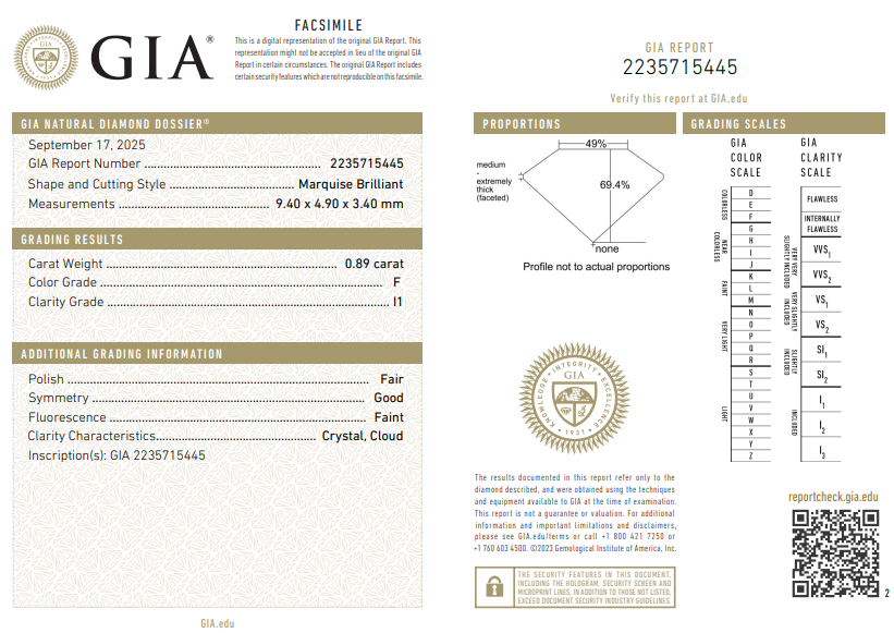 GIA Certified 0.89 Carat Marquis Shape Diamond F-I1 Natural Loose