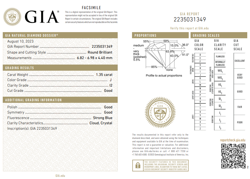 Natural 1.35 Ct Round Brilliant Diamond J-I2 with GIA Certificate