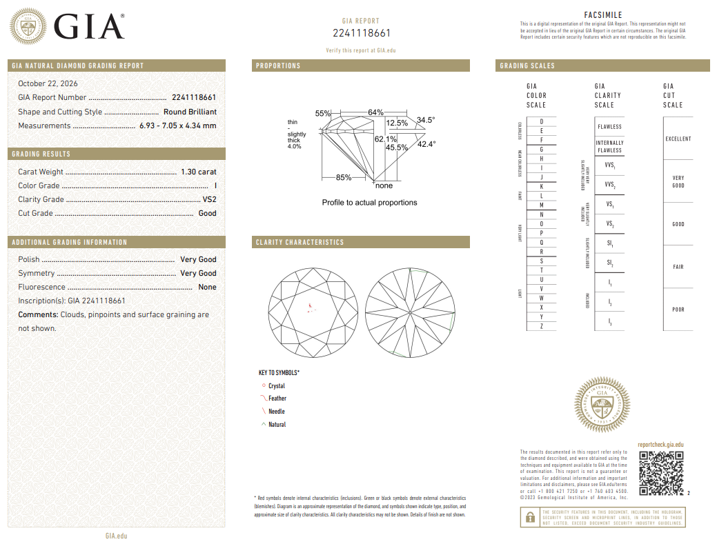 Natural 1.3 Carat Round Brilliant Diamond I-VS2 with GIA Certificate