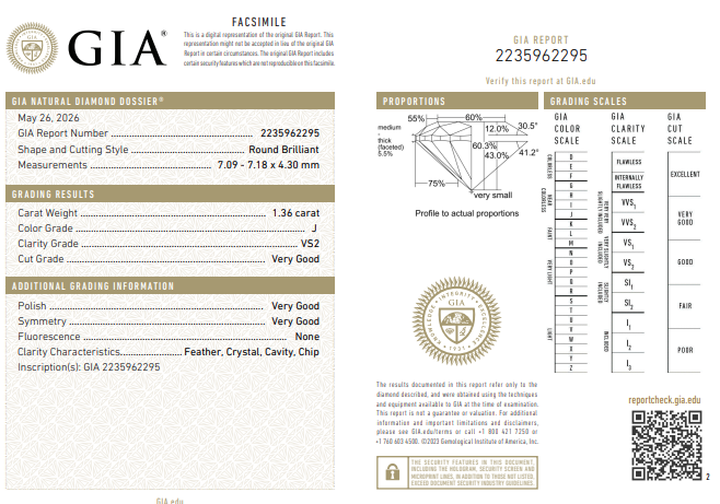 1.36 Carat Round Brilliant Diamond Natural J-VS2 with GIA Certificate