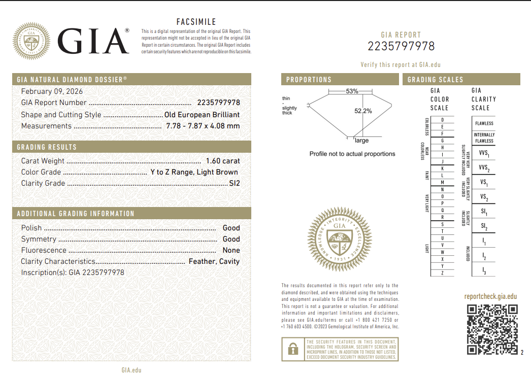 1.60 Carat Old European Cut Antique Natural Mined Diamond Y Color SI2 Clarity With GIA Certificate