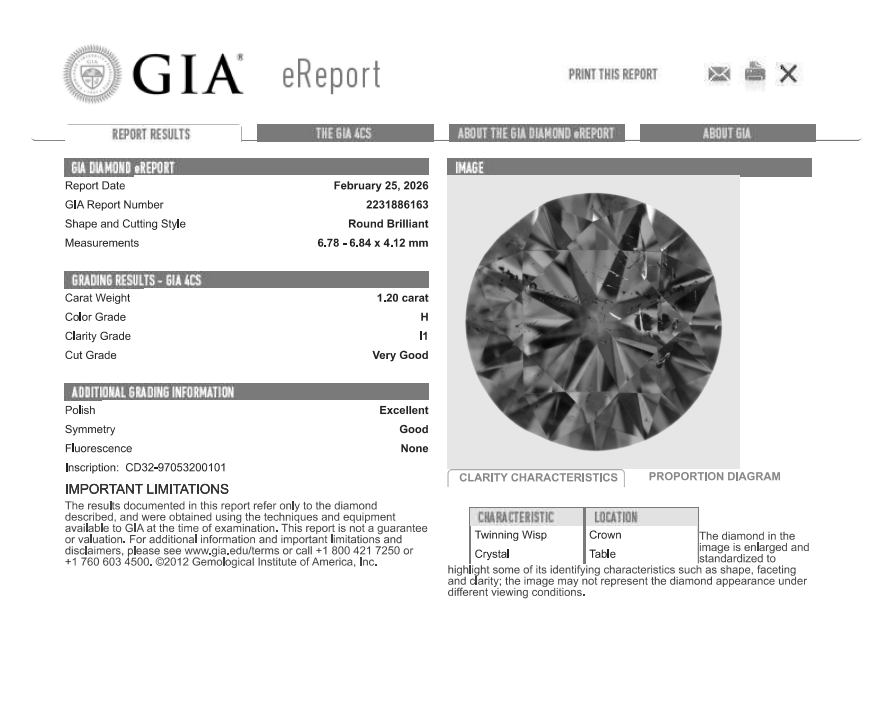 1.20 Carat Round Brilliant Natural Mined Diamond H Color I1 Clarity With GIA Certificate