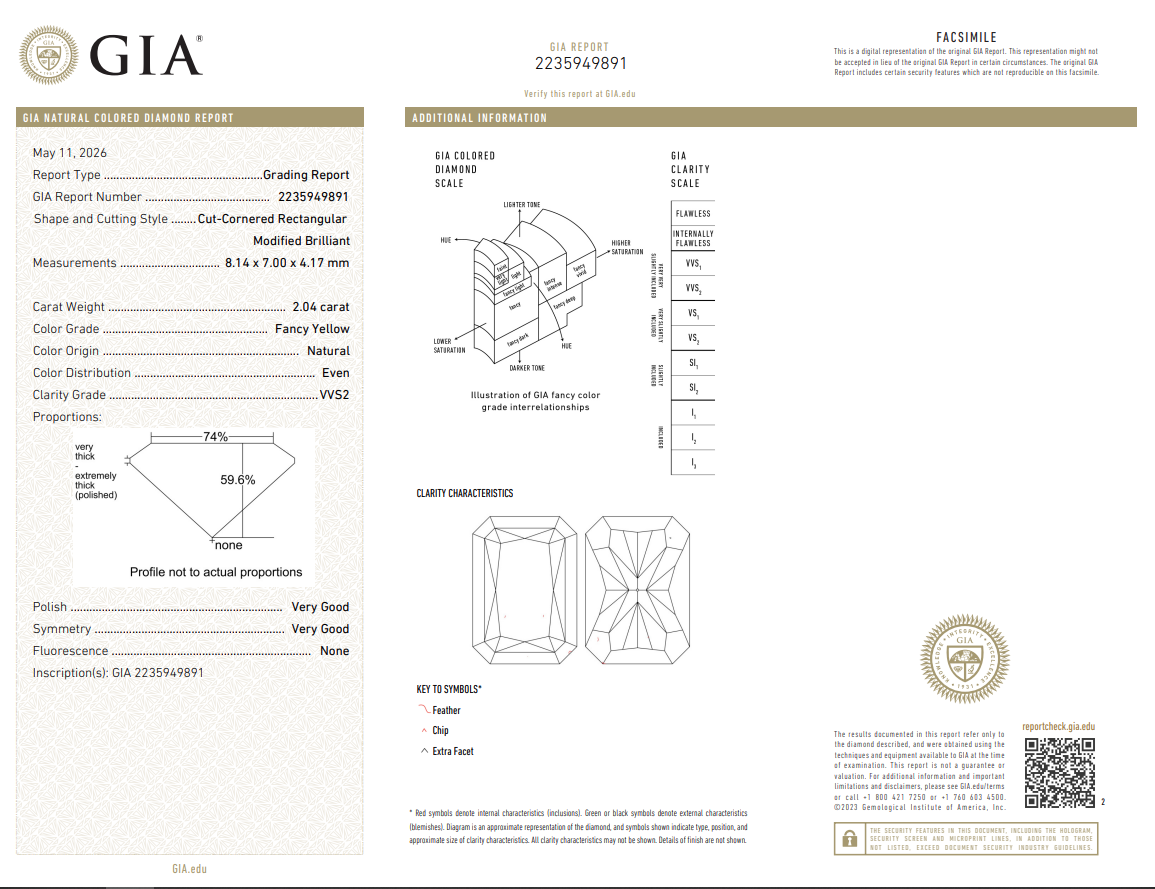 GIA Certified 2.03 Ct Radiant Cut Diamond FANCY YELLOW-VVS2 Loose Natural