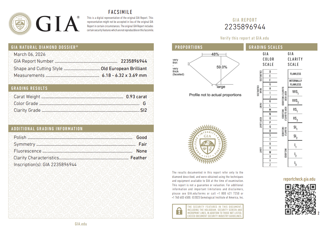 0.93 Carat Old European Cut Antique Natural Mined Diamond G Color SI2 Clarity With GIA Certificate