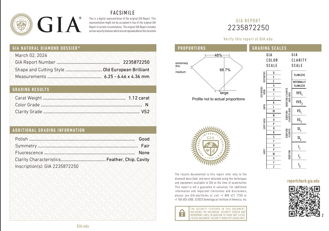 1.12 Carat Old European Cut Antique Natural Mined Diamond N Color VS2 Clarity With GIA Certificate