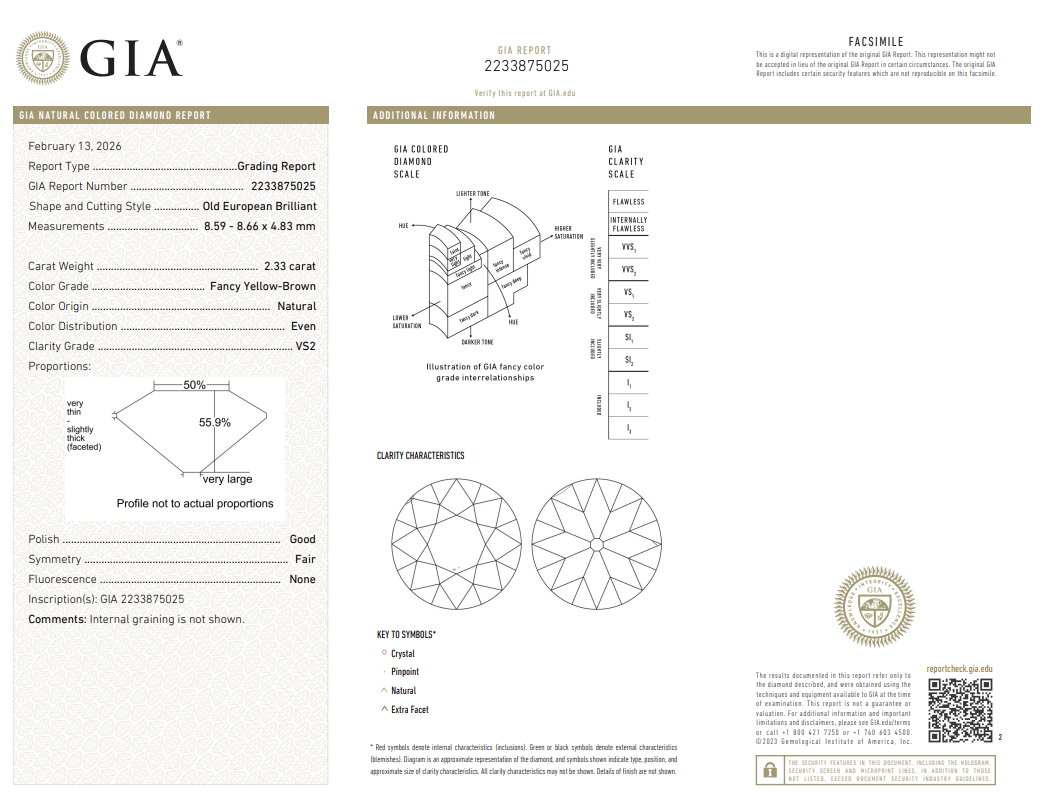 2.33 Carat Old European Cut Antique Natural Mined Diamond Fancy Yellowish Brown Color VS2 Clarity With GIA Certificate