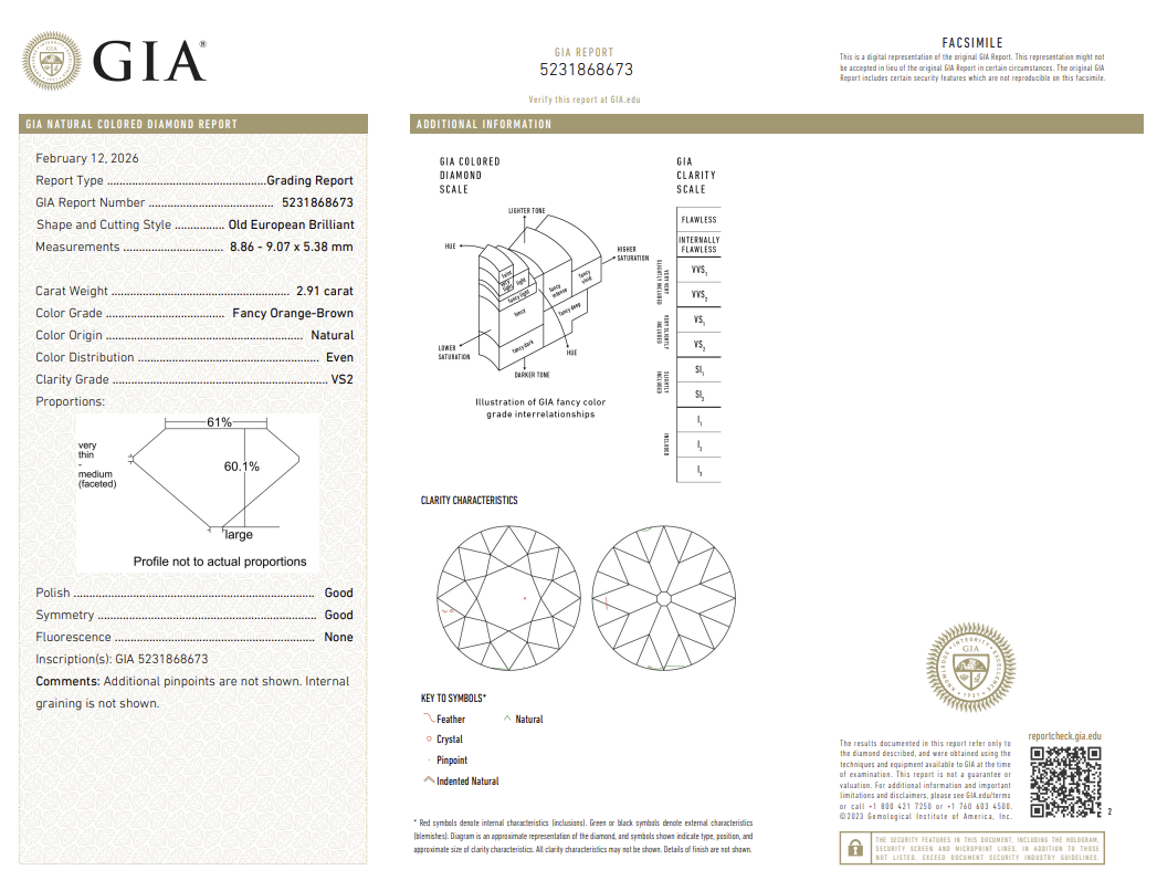 2.91 Carat Old European Cut Antique Natural Mined Diamond Fancy Brown Orange Color VS2 Clarity With GIA Certificate