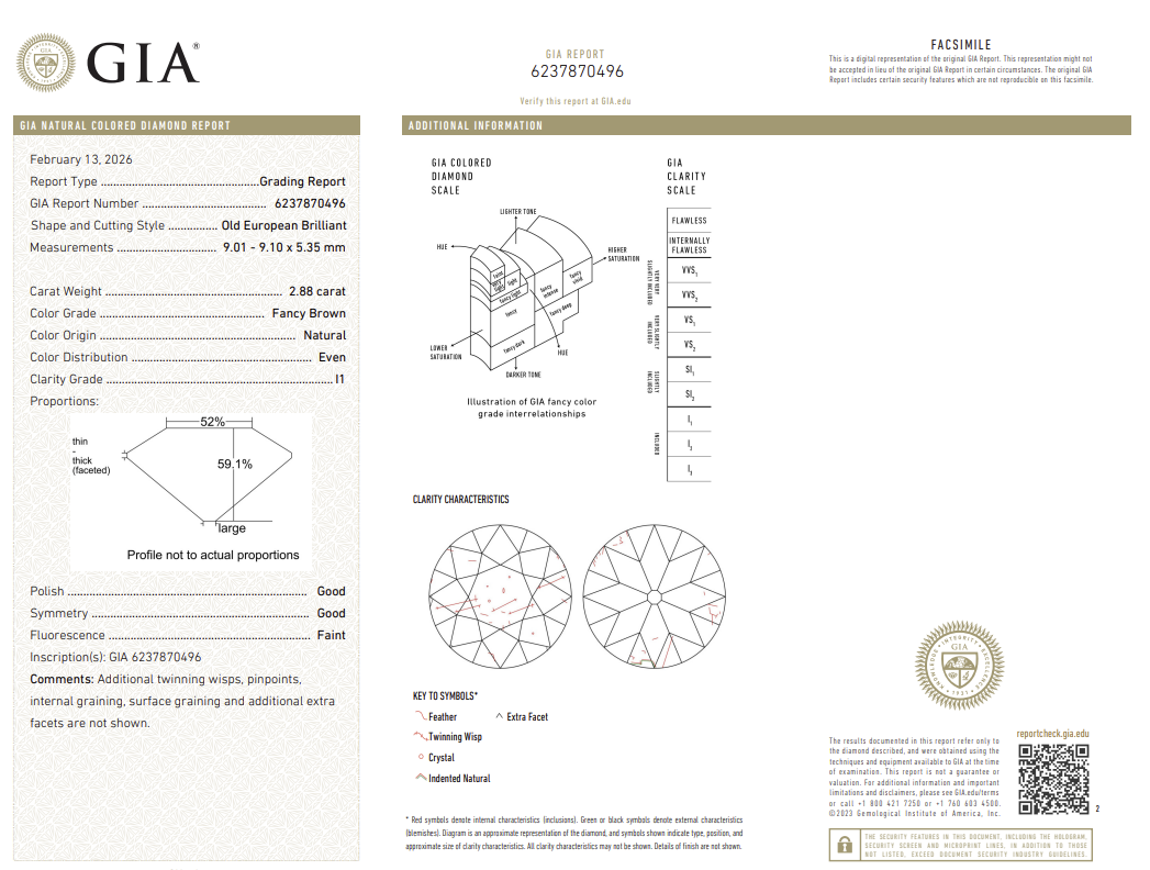 2.88 Carat Old European Cut Antique Natural Mined Diamond Fancy  Brown Color I1 Clarity With GIA Certificate
