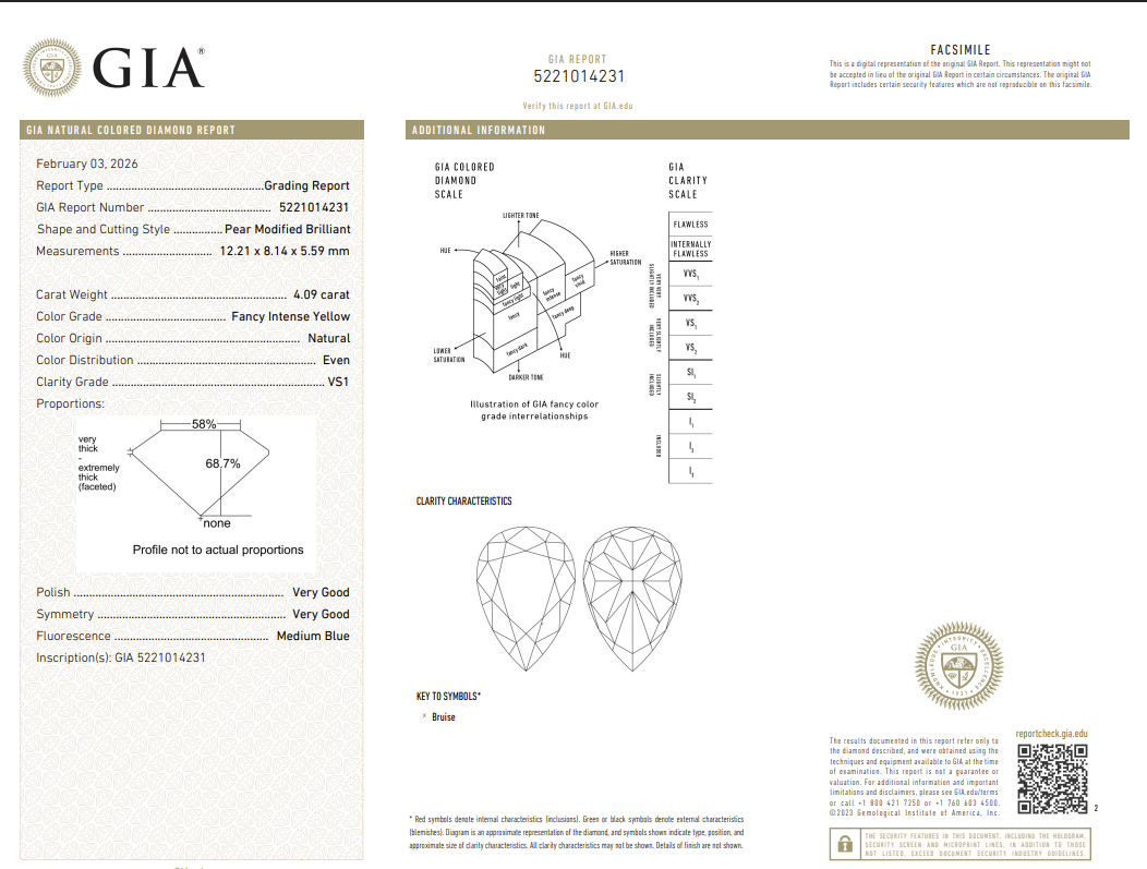 4.09 Carat Pear Shape Natural Mined Diamond Fancy Intense Fancy Yellow Color VS1 Clarity With GIA Certificate