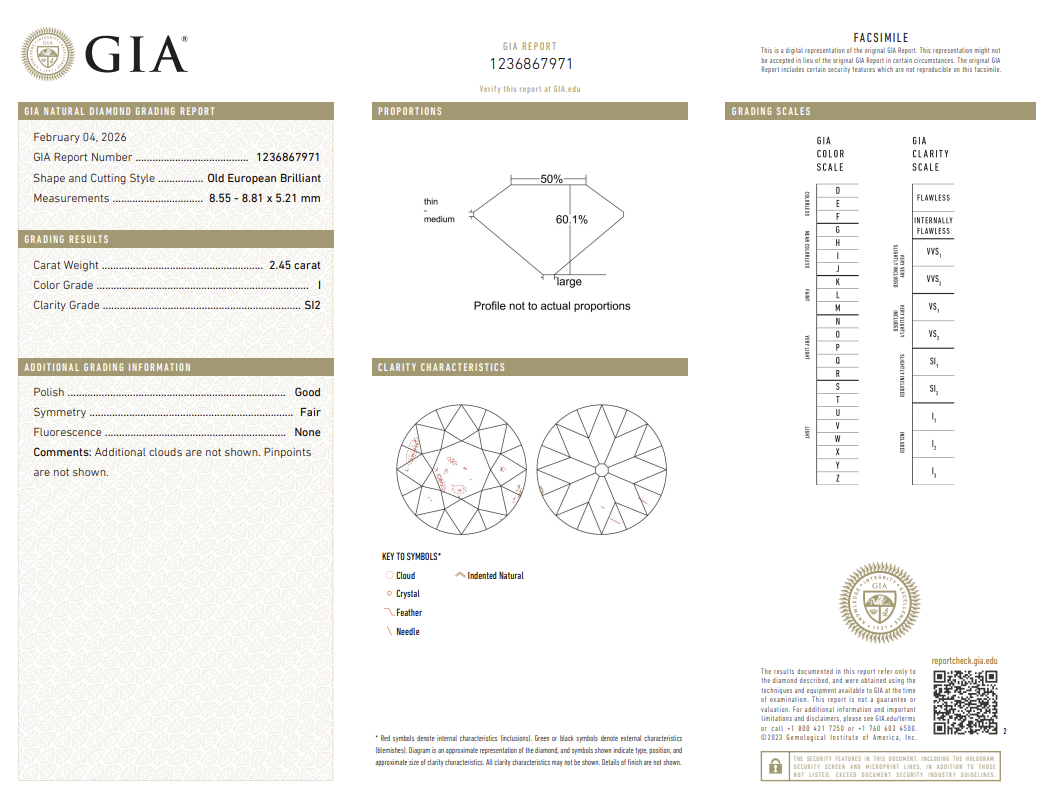 2.45 Carat Old European Cut Antique Natural Mined Diamond I Color SI2 Clarity With GIA Certificate
