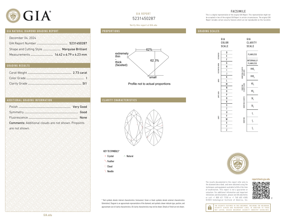 Loose 2.73 Carat Marquis Shape Diamond I-SI1 with GIA Certificate