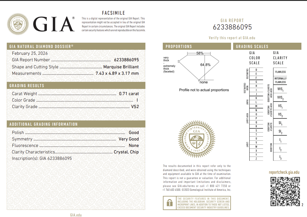 0.71 Carat Marquis Shape Natural Mined Diamond I Color VS2 Clarity With GIA Certificate