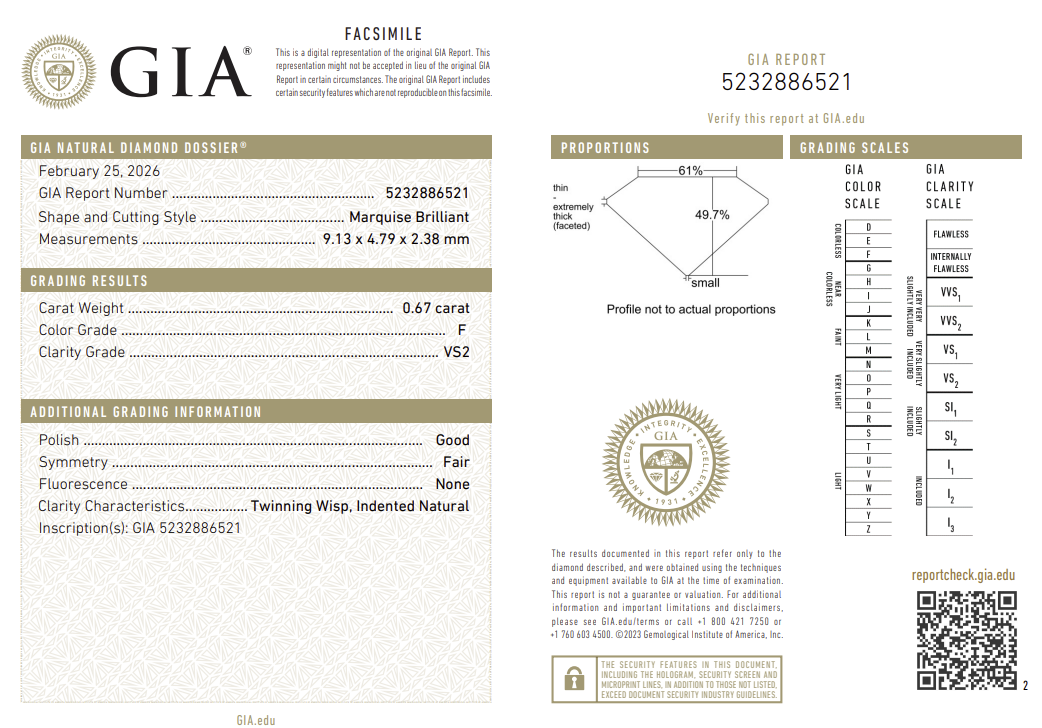 0.67 Carat Marquis Shape Natural Mined Diamond F Color VS2 Clarity With GIA Certificate
