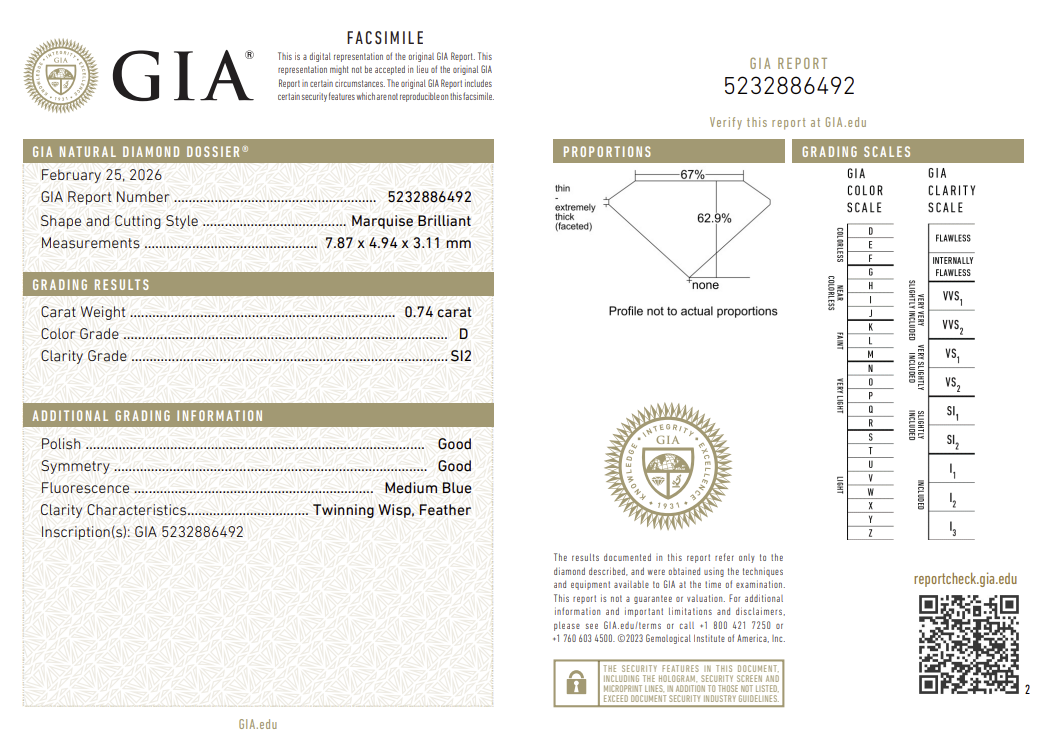 0.74 Carat Marquis Shape Natural Mined Diamond D Color SI2 Clarity With GIA Certificate