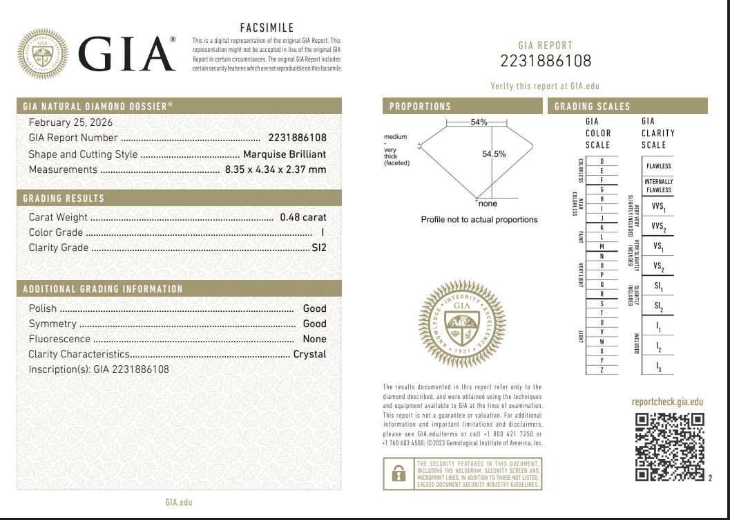 0.48 Carat Marquis Shape Natural Mined Diamond I Color SI2 Clarity With GIA Certificate