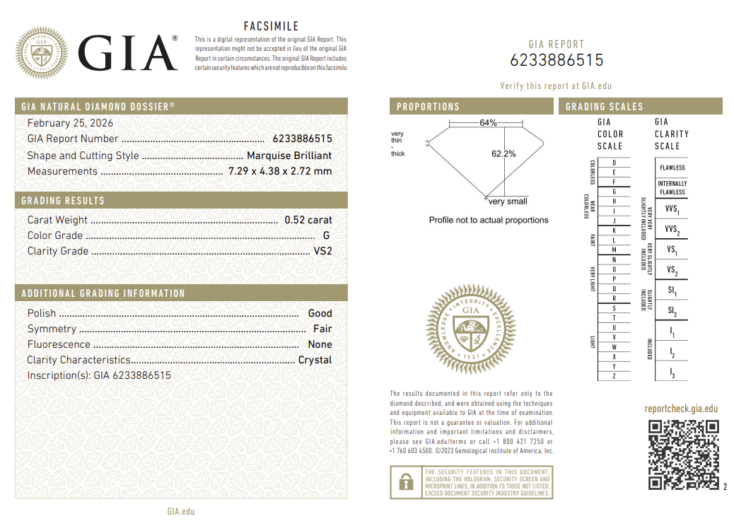 0.52 Carat Marquis Shape Natural Mined Diamond G Color VS2 Clarity With GIA Certificate