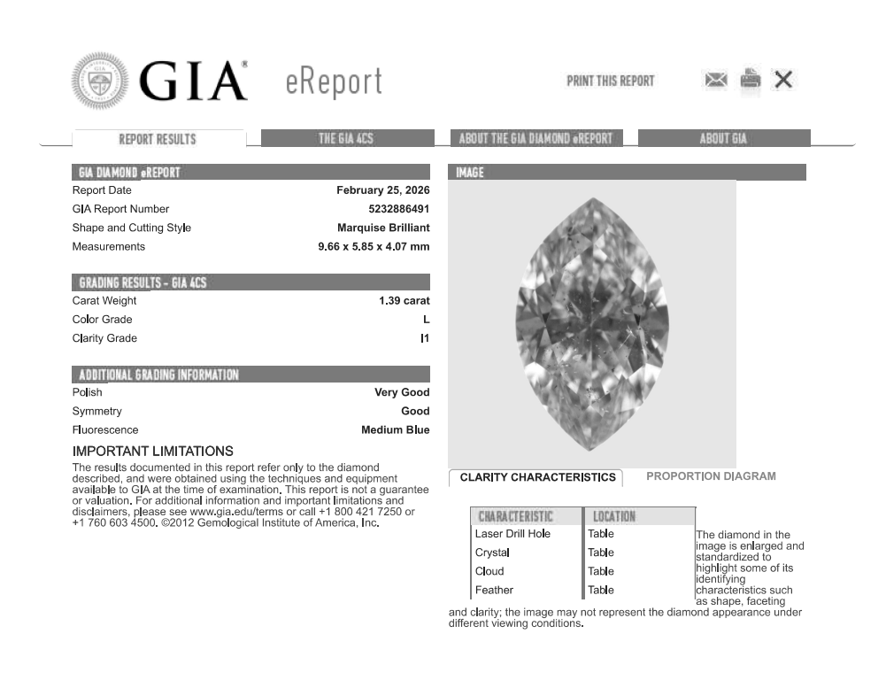1.39 Carat Marquis Shape Natural Mined Diamond L Color I1 Clarity With GIA Certificate